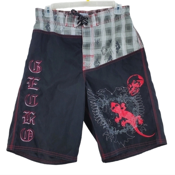 Gecko Other - Gecko Hawaii Trunks Shorts Men M Black Gray Mesh Lined Skull Eagle 28x10.5